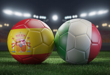 Two soccer balls in flags colors on a stadium blurred background. Group B. Spain and Italy. 3D image.