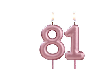 Lit birthday candle - Candle number 81 on white background