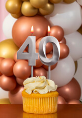 Cupcake with birthday candle on balloons background - Number 40