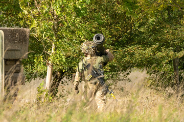 Close-up of a British army Infantry soldier with a Saab Bofors Dynamics NLAW (MBT LAW or RB 57) anti-tank missile