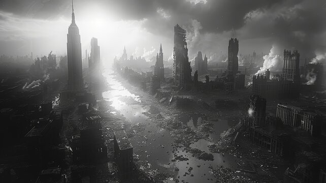 Black and white photo of a ruined city.