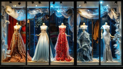 Boutique display window with mannequins in fashionable