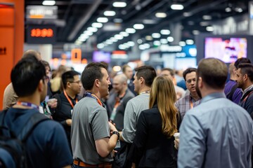 A group of attendees standing and networking in a convention hall.