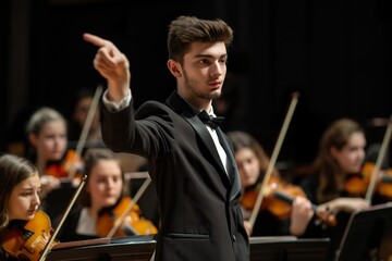 Fototapeta premium A man in a tuxedo is directing an orchestra, pointing towards the musicians in a concert hall.