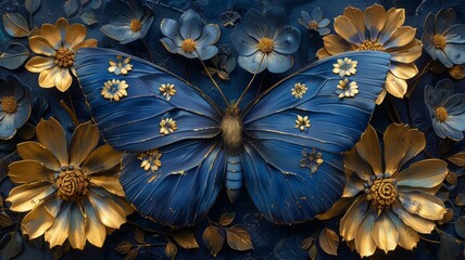 Blue Morpho Butterfly with golden flowers.