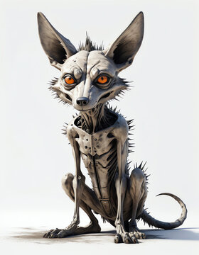Cybernetic Jackal. A cybernetic jackal sits on a white surface. The jackal is made of metal and has glowing orange eyes. It has a long tail and sharp teeth.