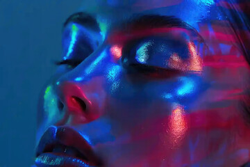 Close-up of a woamn face illuminated by colorful, neon lights reflective skin , shimmery effect, with hues of blue, pink, and yellow, highlighting the cheekbones, eye, and nose. 
