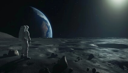 Lone Astronaut Gazing at Earth from the Moon's Surface