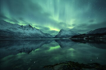 Naklejka premium Beautiful Northern Lights/Aurora Borealis Over Lake with Snow-Covered Mountains