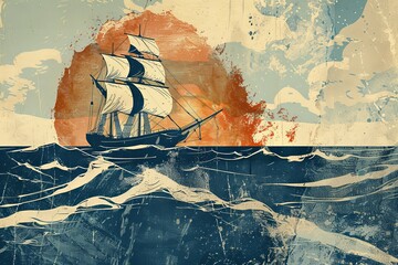 A vintage-inspired painting depicting a sailing ship navigating the vast ocean. Generative AI