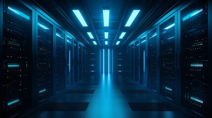 Modern Large Data Center with Glowing Blue Lights on Server Racks