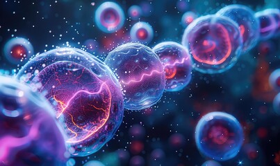 Macro shot of round shaped cells, abstract, glowing edges, deep blue background