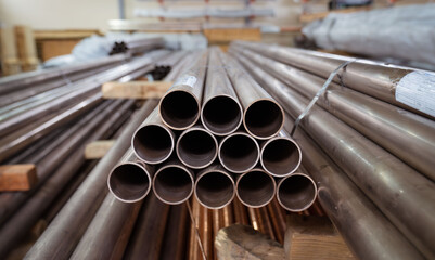 Bundle of copper pipes, storage in warehouse
