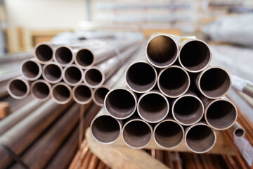 Bundle of copper pipes, storage in warehouse