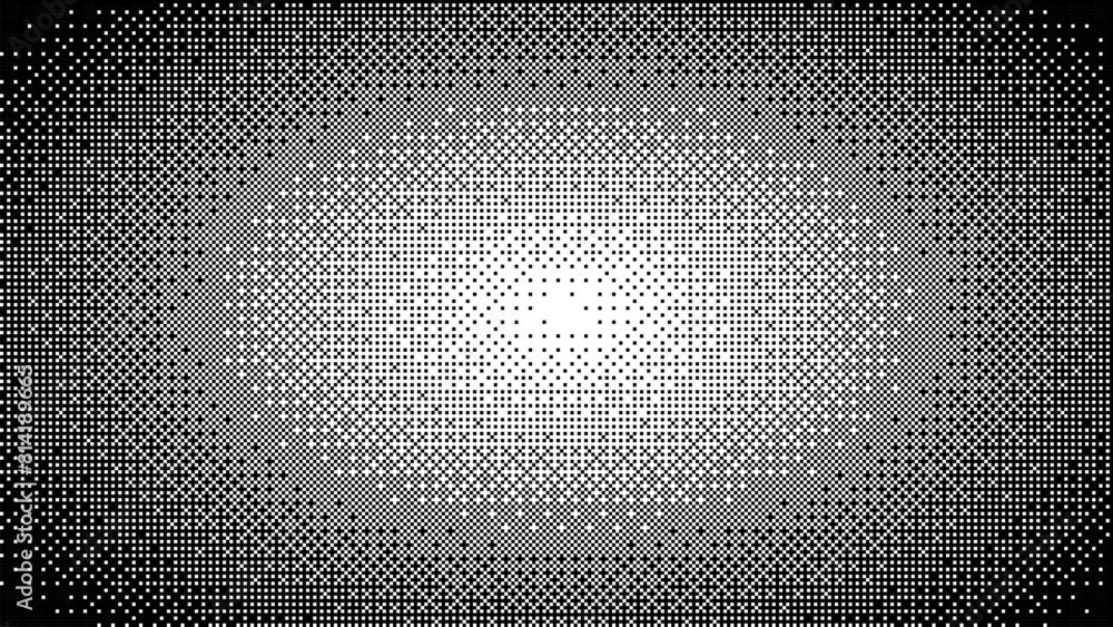 Poster Pixel art round gradient, vignette, texture rounded frame halftone radial gradient. Glowing Circle Light Effect. 8 Bit retro video arcade game background. Dither matrix. Vector screensaver