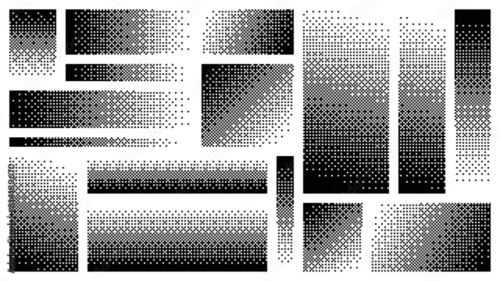Poster pixel art halftone stripes, linear pixel gradients set. decay effect. mosaic textures. dither gradie