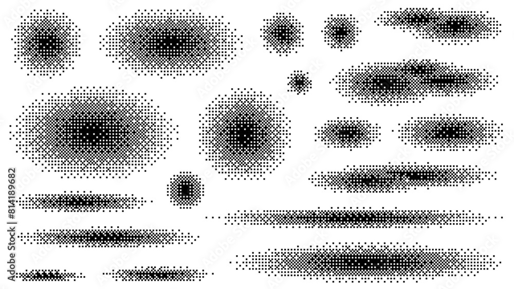 Poster Pixel art halftone shadows and circles set, round pixel gradients. Retro game elements. Radial decay effect. Mosaic textures. Dither Gradient. Vector illustration.