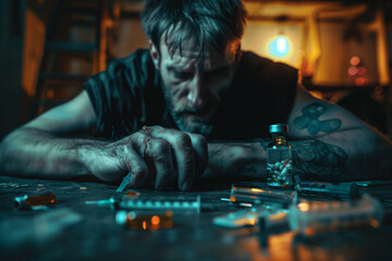 Man Sitting on Table With Bottle of Pills