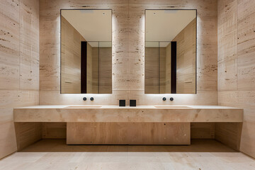 Minimalistic contemporary modern bathroom with two sinks and mirrors