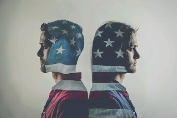 Double Exposure of American Flag and Couple Facing Away from Each Other - Divided Politics Concept