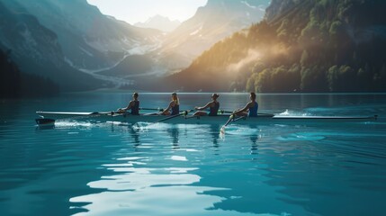 Four women rowing in a boat on a lake with mountains in the background AIG51A.