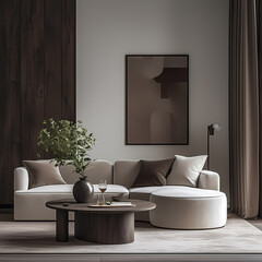 A Tasteful and Elegant Modern Living Room with Comfortable Couch and Coffee Table in Neutral Colors