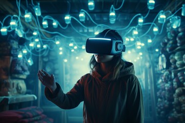 Young woman engages with virtual reality, surrounded by neon lights and tech ambiance
