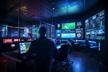 Operator at work in a high-tech network operations center, monitoring data screens