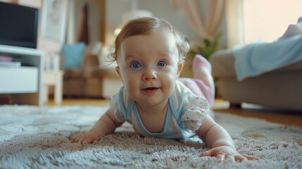 Fototapeta premium A Crawling Funny Baby Girl Amused Herself Indoors At Home, Exploring Her Surroundings With Curiosity,High Resolution