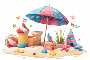 Beach Scene With Sand Castles and Umbrella
