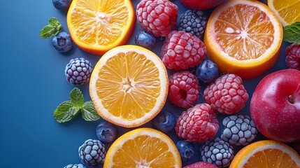 A close up of oranges, raspberries and blue berries on a table, AI