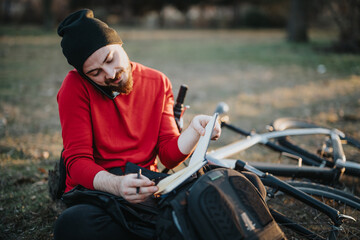 A young bearded man sketches in a notebook while having phone call, seated outdoors next to his...