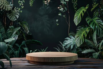 Round wooden pedestal for product display, product podium surrounded by vibrant tropical greenery on a dark background. A natural and earthy focal point. Wooden platform with vibrant green leaves