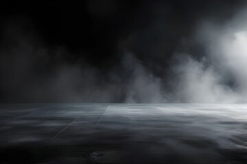 Abstract image of dark room concrete floor. Black room or stage background for product placement.Panoramic view of the abstract fog. White cloudiness, mist or smog moves on black background
