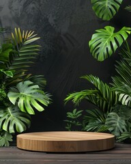 Round wooden pedestal for product display, product podium surrounded by vibrant tropical greenery on a dark background. A natural and earthy focal point. Wooden platform with vibrant green leaves