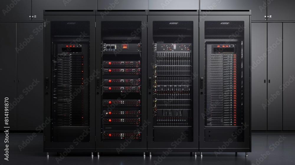 Poster the image shows a modern data center with rows of server racks.