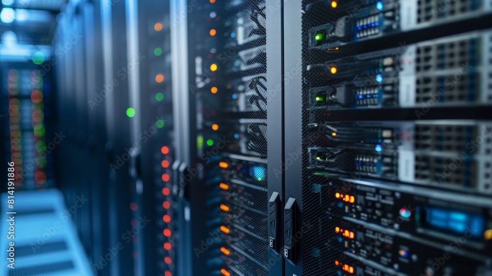 Poster the image shows a modern data center with rows of server racks. the servers are lit up and there are