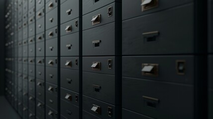 Obraz premium The image shows a long, dark hallway with many filing cabinets on either side