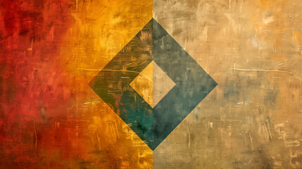 Amazing postminimalism art with abstract warm colored rhombus on textured background.