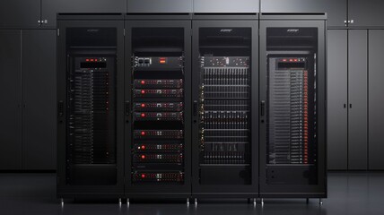 The image shows a modern data center with rows of server racks.