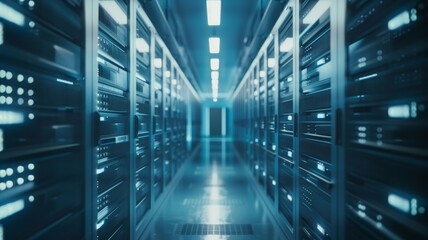Fototapeta premium The image shows a long, dark hallway with rows of tall, metal server racks on either side