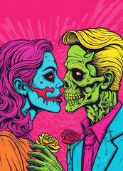 Zombie Love. A picture of a zombie couple in love. The man is green and the woman is pink. They are both dressed in formal attire. The man is wearing a suit and tie, the woman is wearing a dress