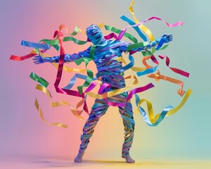 Silhouette of a playful man made of decorative ribbons and confetti. Party concept