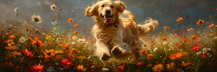 Loyal Canine Spreading Joy A Golden Retriever,
A vibrant painting of a pack of playful puppies lounging in a sundrenched meadow
