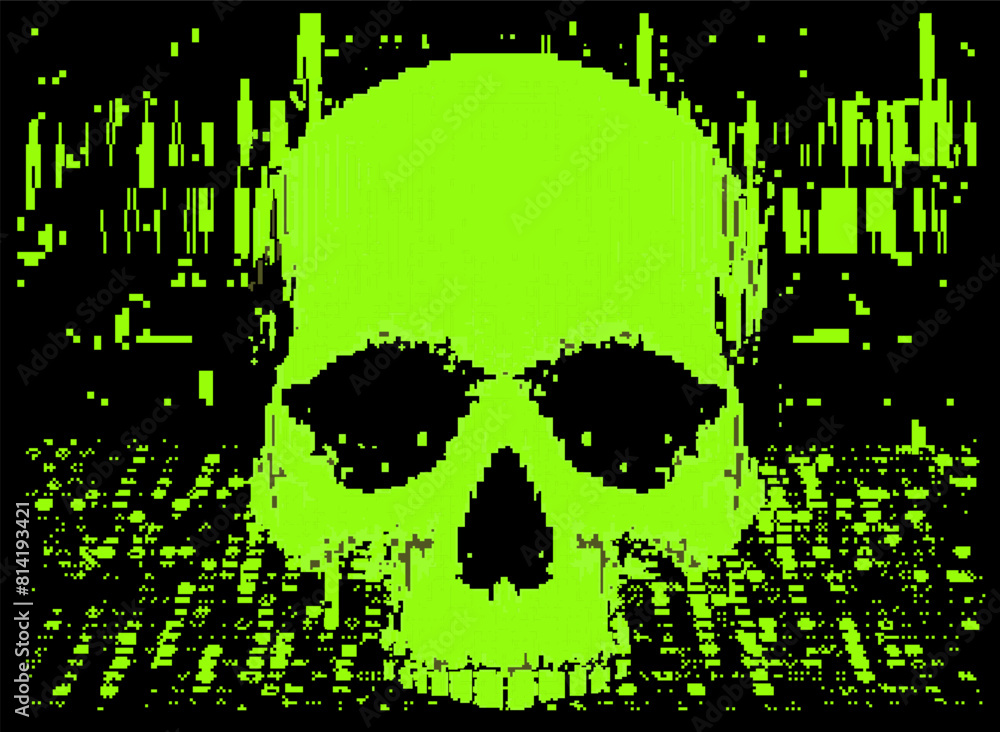 Poster green skull on a glitchy pixelated background. the concept of cybersecurity and malware.