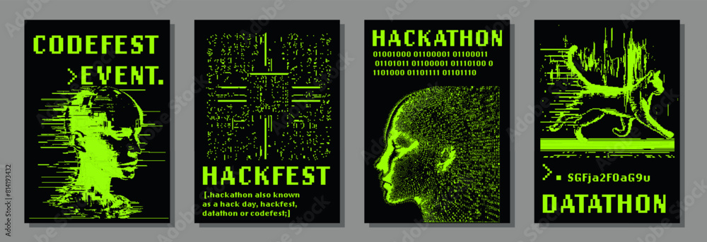 Poster Set of retrofuturistic posters for hackathon (also known as a hack day, hackfest, datathon or codefest) event with set of 1-bit pixel art illustrations of human heads and glitched elements.