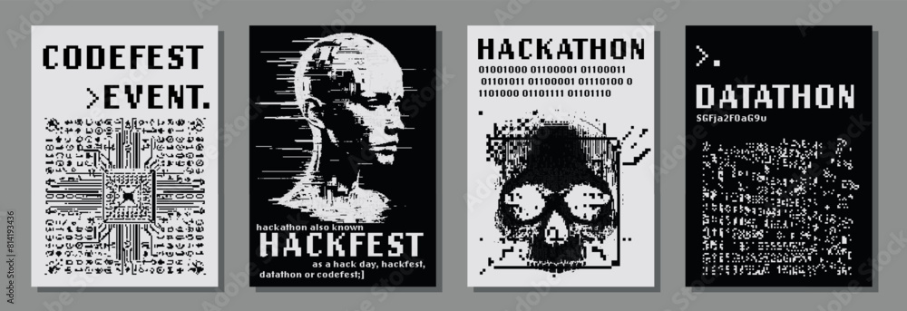 Poster set of retrofuturistic posters for hackathon (also known as a hack day, hackfest, datathon or codefe