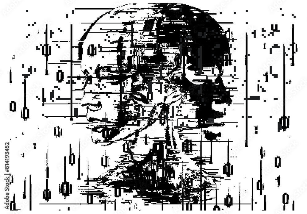 Poster two human faces emerging from black-and-white pixel noise. a vector illustration questioning the rel