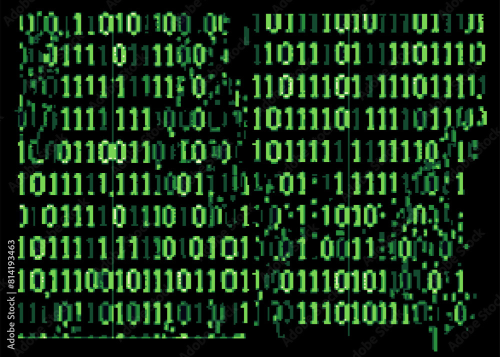 Aufkleber Glitched and distorted dark background with collapsing green binary code.