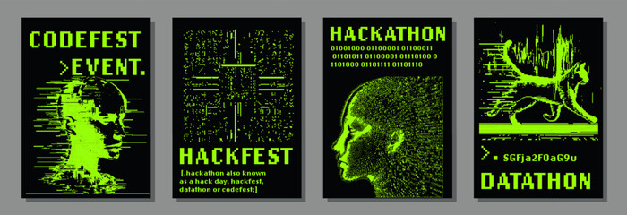 Set of retrofuturistic posters for hackathon (also known as a hack day, hackfest, datathon or codefest) event with set of 1-bit pixel art illustrations of human heads and glitched elements.